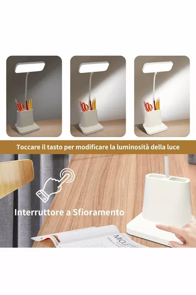 Lampe de bureau LED blanche, pivotante à  degrés, avec bouton tactile et support pour stylos, à batterie lithium