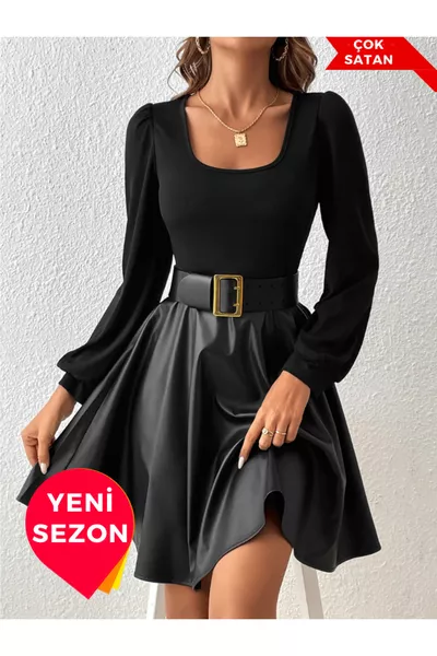 فستان بياقة مربعة وأكمام فانوس وجلد على الكتف وقصة A اختيار المحرر (بدون حزام)