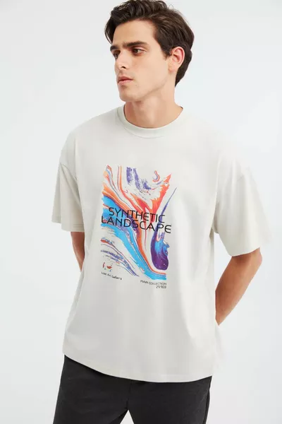 Landscape Men's % Organic Cotton Thick Textured Oversized Stone-Colored T-shirt with Print Detail