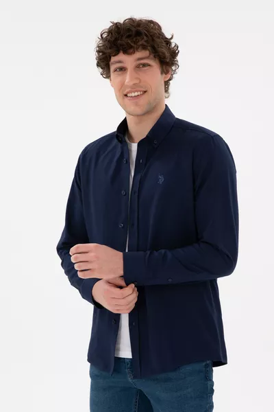 قميص رجالي أزرق داكن بأكمام طويلة أساسي 