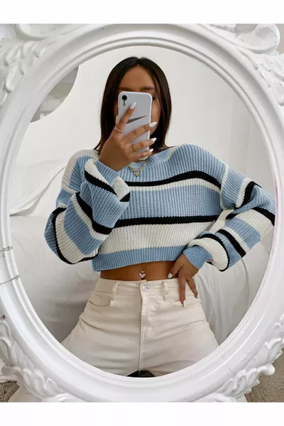 Dier Moda Thick Striped Thessaloniki Knit Crop Women's Sweater