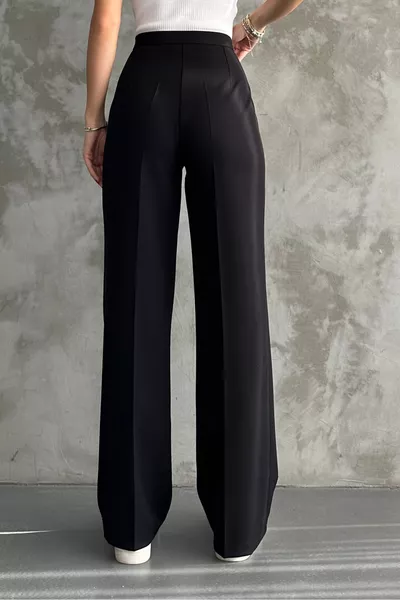 بنطال قماش أسود كلاسيكي عالي الخصر للنساء لموسم جديد