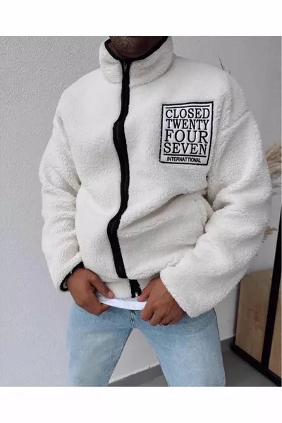 Unisex heren compatibele geborduurde pluche jas met ritssluiting