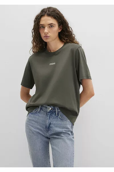 T-shirt Vert en Interlock avec Logo, Coupe Lâche / Confortable 