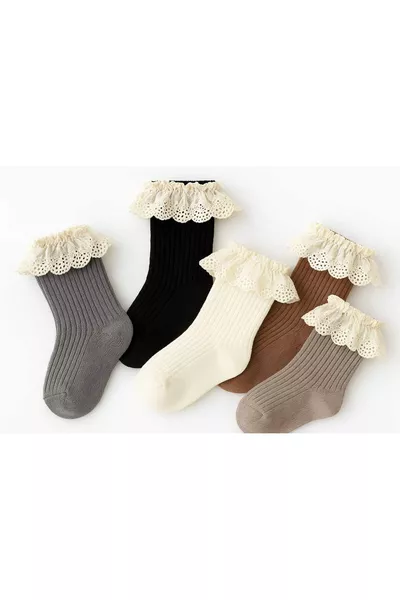جوارب للأطفال تحت الركبة مزينة بالدانتيل ٥ قطع