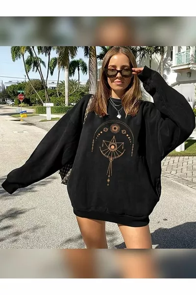 Felpa Oversize Unisex con Stampa Bilancia in Rame da Donna, Maniche Lunghe, Blackbnds