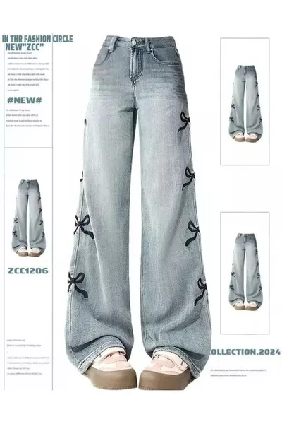 k Ribbon Detail Bol Paça Yıkamalı Pantolon Jean