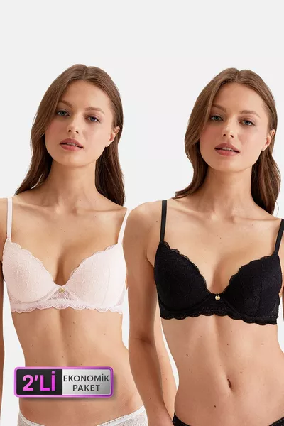 Икономичен пакет от 2 броя Пудра-черен -2 Рим Бален банели Сутиен с мека подплънка и дантела