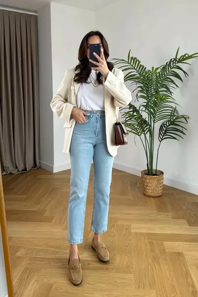 نسائي  في الأزرق سنو واش عالية الخصر الراحة ليكرا الدينيم أمي جينز جينز