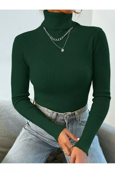 Unisex Olive Green Cotton Turtleneck Slimfit Fleece Sweater