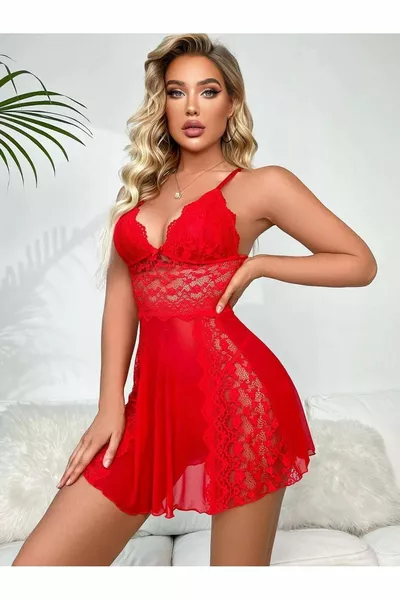 Women's Fancy Nightgown in Red with Lace, Stylish Back and Chest Cutout