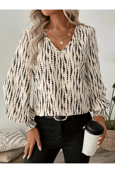 V Yaka Desenli Uzun Kollu Kadın Bluz | Gipe Kol Detaylı | Şık Süprem Kumaş