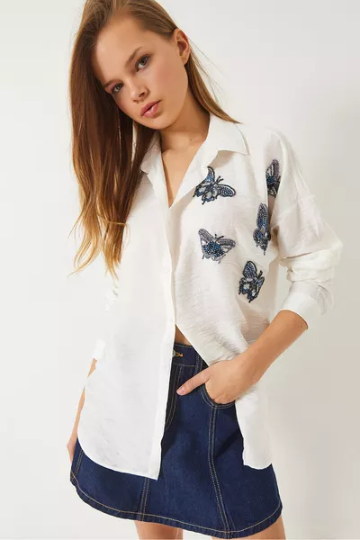 قميص واسع للنساء مطرز بحبوب الفراشة والأحجار Aerobin 