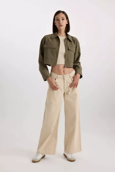 Crop Zippered Double Pocket Gabardine Long Sleeve Shirt Jacket AU