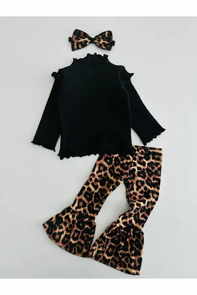 طقم بناتي للرضع والبنات مع بنطلون إسباني ورباط رأس بنقشة الفهد