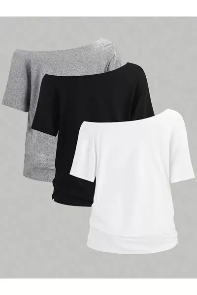 Women's Off-Shoulder Boat Neck 3-Piece T-Shirt Set