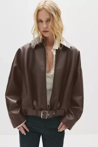 Women's Oversized Leather Jacket with Buckle Belt – Relaxed Fit, Everyday Outerwear | New Season Trend Women's Jacket
