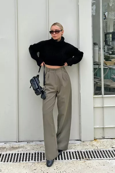 Pantalon Palazzo Femme Kaki Hera Ceinture Élastique avec Poches