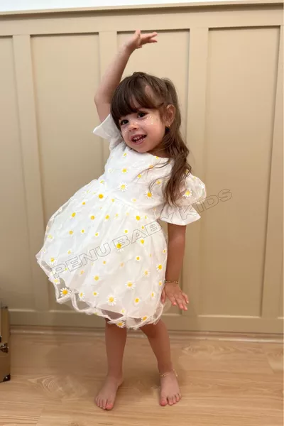 Beyaz Papatya Nakış Işlemeli Kısa Kol Kız Bebek - Çocuk Elbise - Elisa