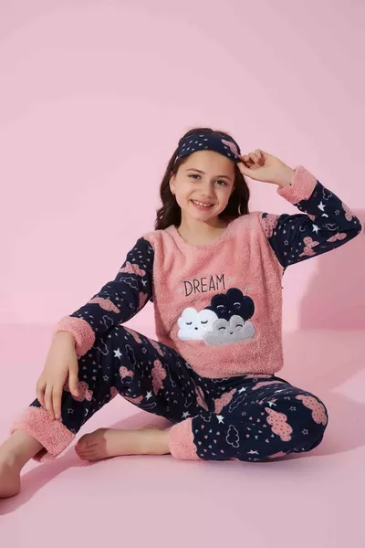 Girl Teen and Child Cloud Pattern Long Sleeve Fleece Plush Fabric Winter Warm Pajama Set