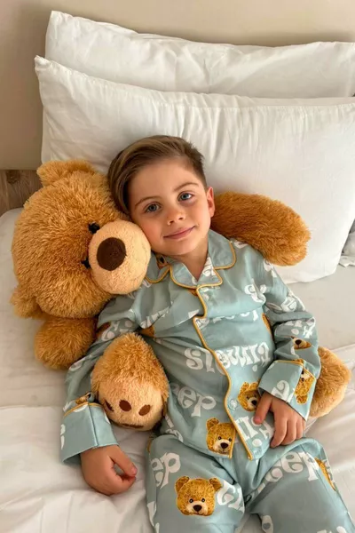 Unisex Children's Blue Teddy Bear Sleep Pattern 2-Piece Pajama Set with Front Buttons