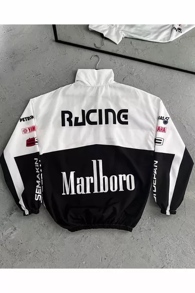 جاكيت رياح مائي رفيع أسود بقماش باراشوت غير محدد للجنس بطباعة رقمية واسعة