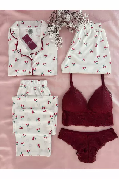 5-Piece This Cerise Knit Pajama Lingerie Bridal Set