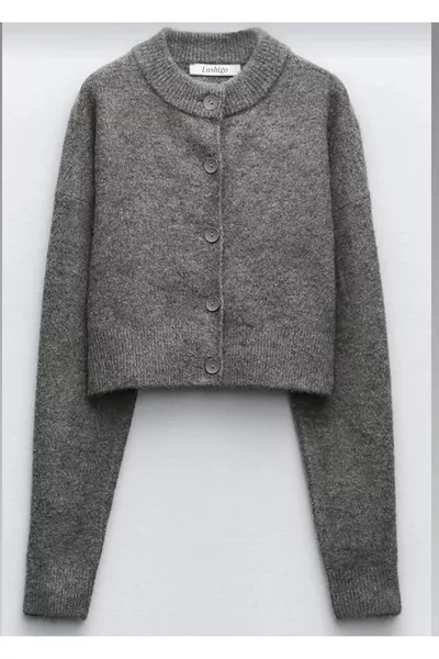 Kadın Antrasit Düğmeli Hırka Kadın Tilia Crop Füme Örgü Hırka