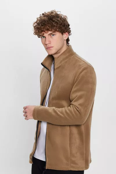 سترة صوفية مقاومة للبرد بسحاب كامل، بحجم قياسي، بلون زيتي، غير قابل لتكوّن الوبر، للجنسين