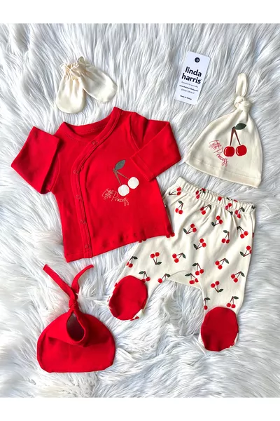 Cherry Pattern Cream-Red 5-Piece Newborn Baby Girl Hospital Outfit Set