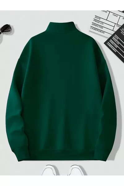 Green High Collar Zippered Oversized Unisex Sweatshirt