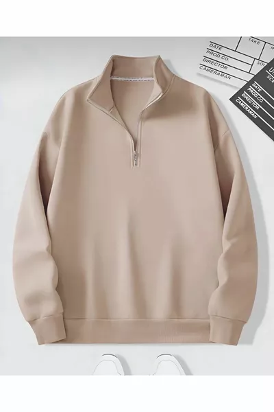 BEIGE AND BLACK high-neck half-zip plain sweater