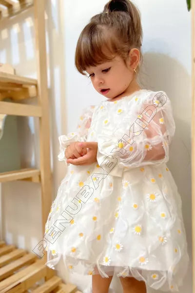 فستان فتاة رضيع بأكمام طويلة وتفاصيل أزهار الأقحوان البيضاء