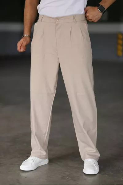 Baggy Double-Pleated CREAM Color Elastic Waist High-Quality Comfortable Cut Classic Wide-Leg Baggy Pants