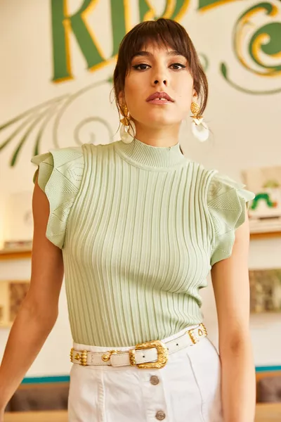 Женская летняя трикотажная блузка с коротким рукавом, мятного цвета с узором бабочки