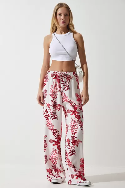 المرأة الأبيض الوردي منقوشة انسكاب الفسكوز بالازو 