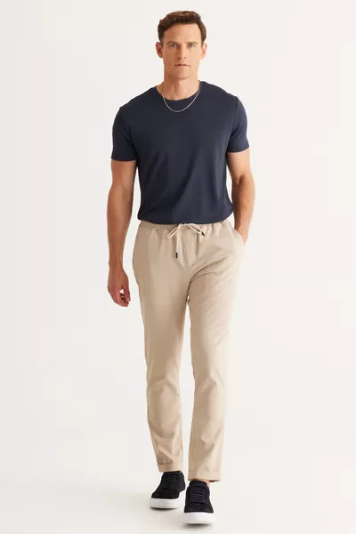 Pantalon Jogger Homme Beige Coupe Slim Confort Taille Élastique avec Poches Latérales