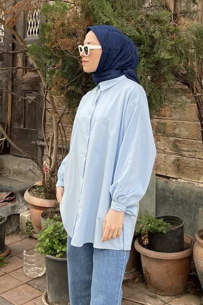Shirt with Sleeve Details Oversized Shirt Baby Blue