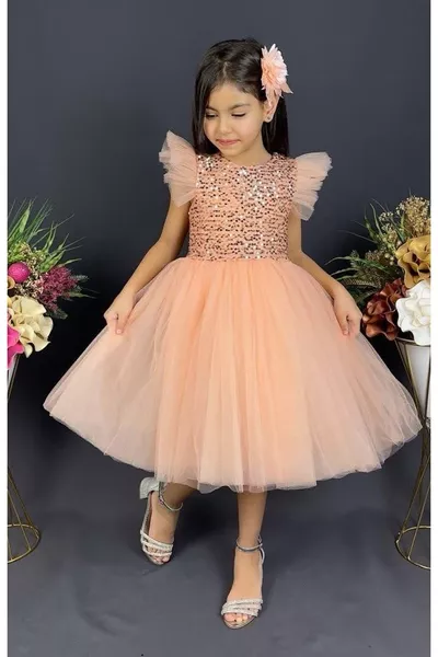 Tüllü Kız Çocuk KPL Elbise  KOYU SOMON