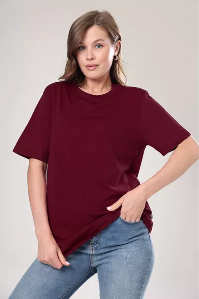 Super Qualität Damen % Baumwolle Bordo Rundhals Oversize Boyfriend T-Shirt