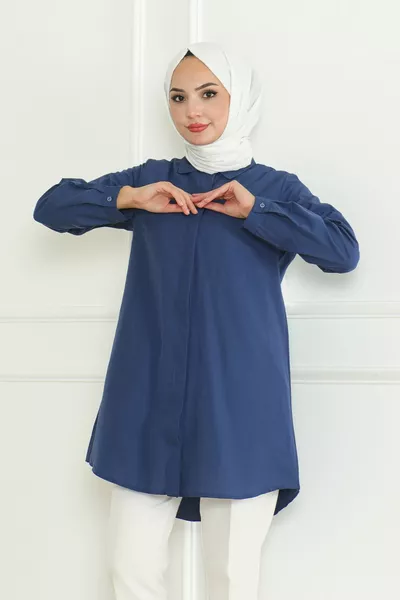 Women's Indigo Blue Terikoton Hidden Button Boyfriend Modest Shirt