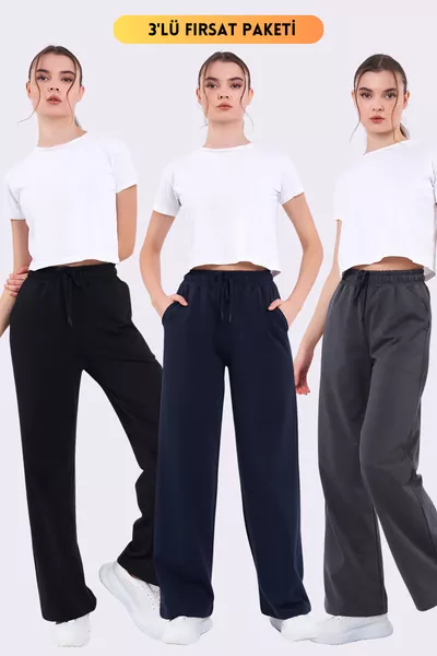 Schwarz-Dunkelblau-Anthrazit Saisonaler Lässiger Weiter Bequemer Damen-Sweathose mit Seitentaschen im 3er-Pack