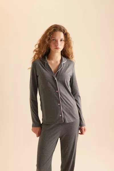 Pajama Set Regular Fit Long Sleeve Top Long Bottom - Fall in Love AXNS