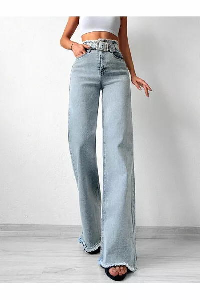 Damen High-Waist Gürtel, Fransen am Bund und am Bein, Blau Snow Wash Palazzo Jeans