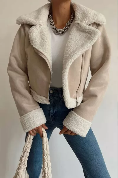 Black Suede Biker Jacket with Fur Collar