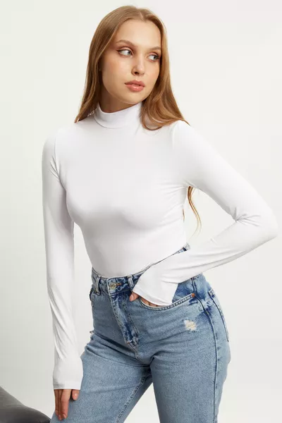 WOMEN'S WHITE FISHERMAN COLLAR BASIC BODYSUIT