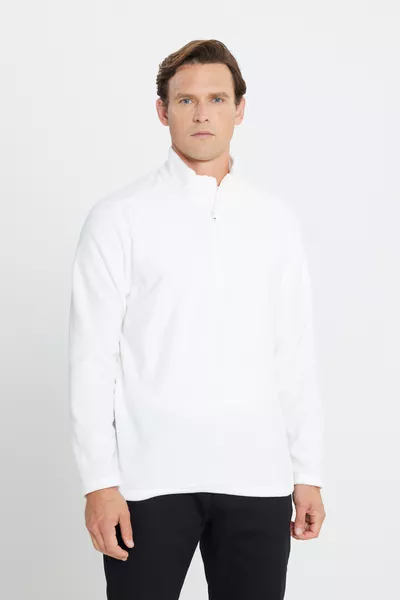 Мужской белый флисовый свитшот стандартного кроя с высоким воротом, не скатывается, не образует катышки, защищает от холода