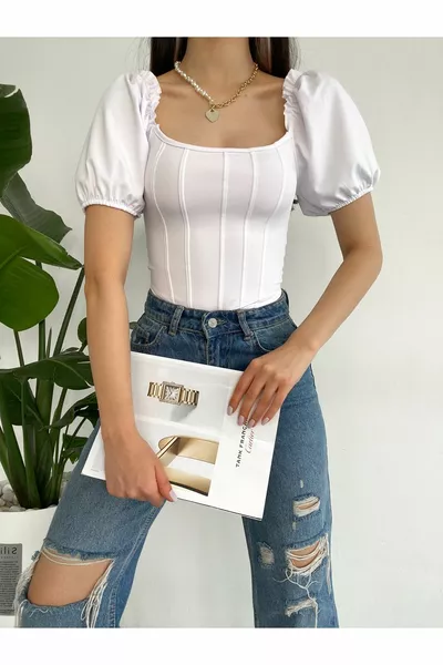 أبيض مربع الرقبة بالون كم غواص النسيج شريط المرأة بلوزة