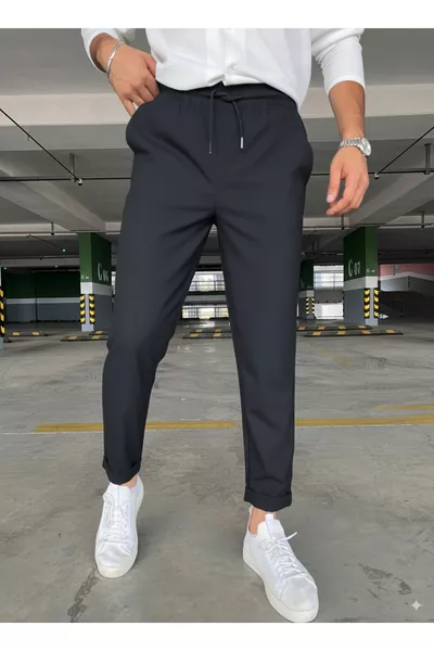 Erkek Siyah Jogger Beli Lastikli Bağcıklı Duble Paça Likralı Rahat Kalıp Pantolon