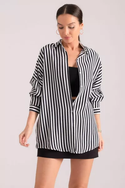 Women's Black and White Thin Striped Oversized Long Basic Shirt 